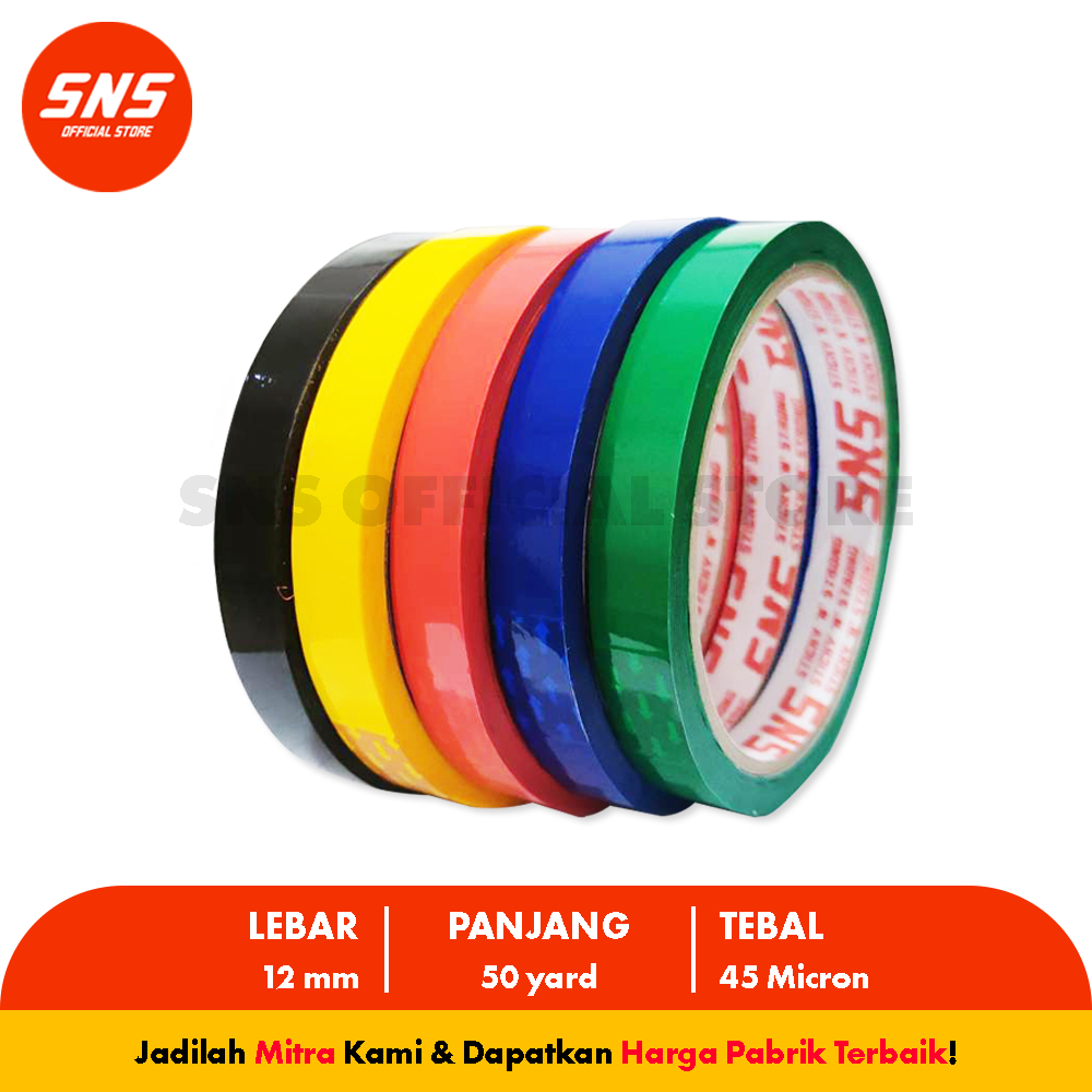 

Isolasi / Lakban Warna Warni 12mm x 50 Yard SNS (Sticky N Strong)