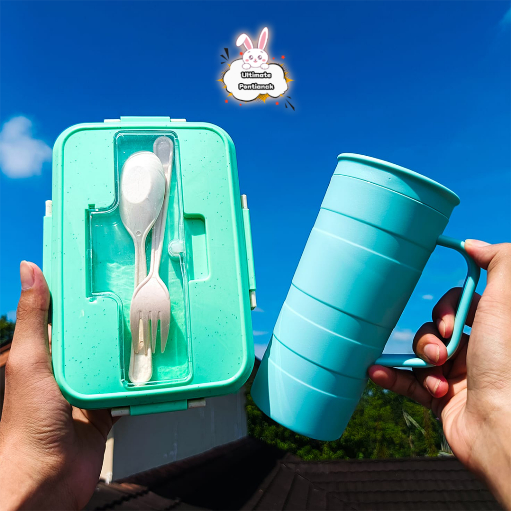 2n1 Kotak Bekal Plastik Set Tempat Makan 3 Sekat+Alat Makan Sakura+Tumbler Arata 800 ML | Lunch Box