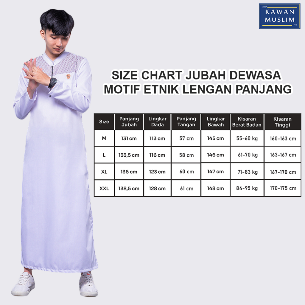 TERBARU KAWAN MUSLIM - JUBAH GAMIS PRIA DEWASA MODEL ETNIK LENGAN PANJANG WARNA PUTIH UKURAN M