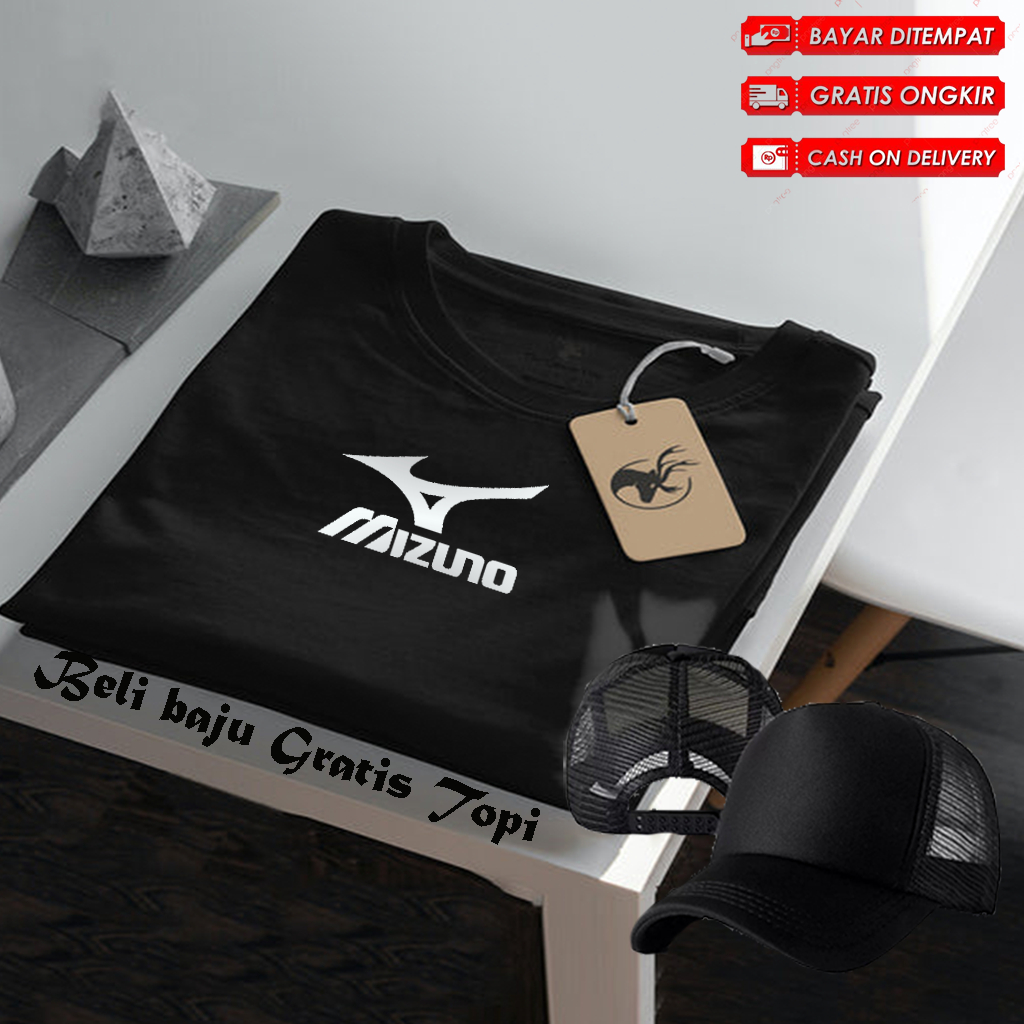 Bonus Topi Polos ... Baju Kaos Distro Logo Mizuno Text Putih Lengan Pendek Premium Quality