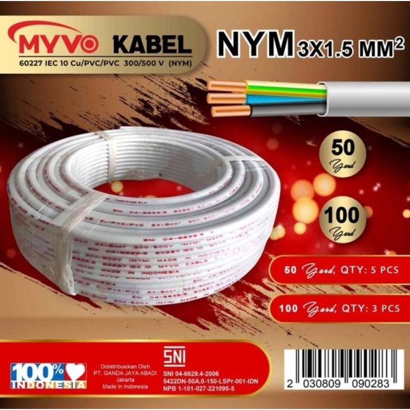 Kabel Listrik Kawat Tembaga Isi 3 Kabel Putih MYVO NYM 3X1,5 1 Roll 50 Yard 45 Meter SNI