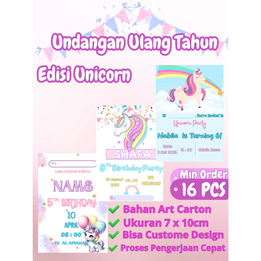 Undangan Ulang Tahun Anak Edisi Unicorn / Undangan Ulang Tahun Custome Design