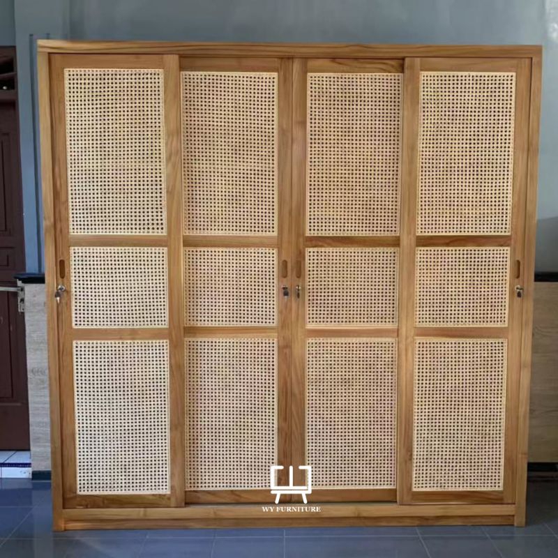 lemari pakaian kayu jati, lemari pakaian pintu 4 kayu jati sliding, lemari pakaian kayu jati kombina