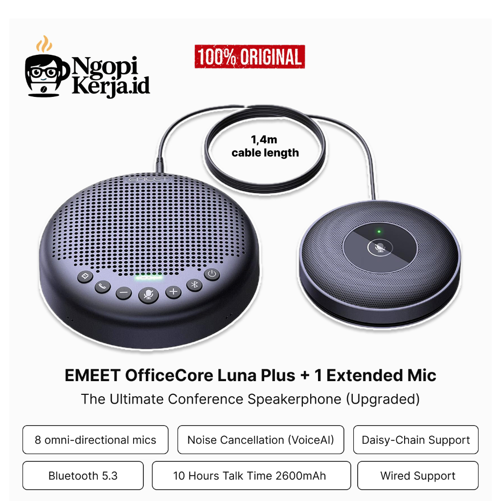 EMEET Luna Plus Meeting Kit (Dengan Mikrofon Ekstensi) – Speakerphone Conference, 8 Mikrofon, 360° S