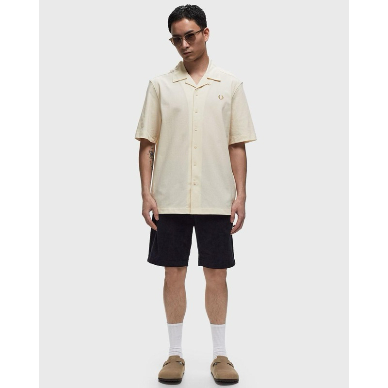 Fred Perry M7820 560 Woven Mesh Rever Collar Shirt In Ecru