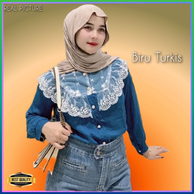 Blouse Korea Wanita Baju Atasan LD 105 Jumbo LD 115 Kemeja Blus Tunik Biru Turkis