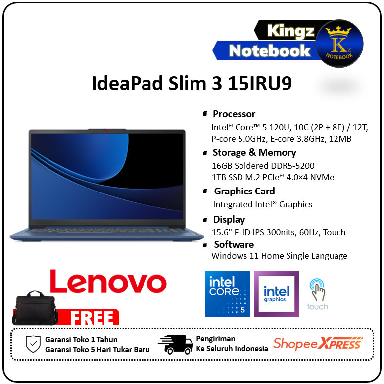 Lenovo Ideapad Slim 3i Core 5 120U 16GB 1TB Win11 15,6" FHD Touch