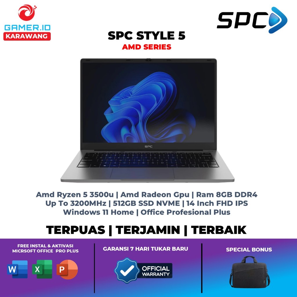 Laptop Ryzen 5 SPC Style 5 Amd Ryzen 5 3500 Ram 8GB SSD 256GB 14 Inch FHD IPS Backlit Keyboard