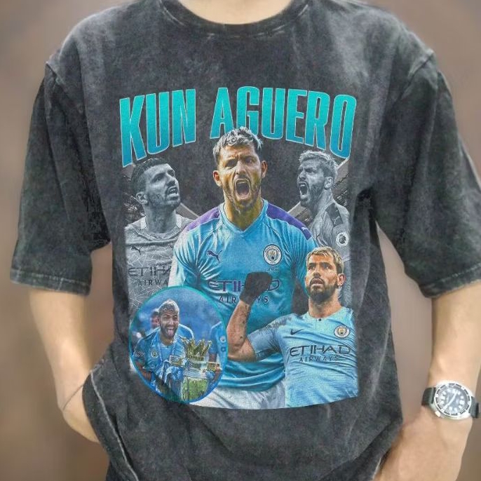 Sergio Kun Aguero Manchester City Player Vintage Wash T-shirt/Kaos Oversize Sergio Aguero Vintage Re