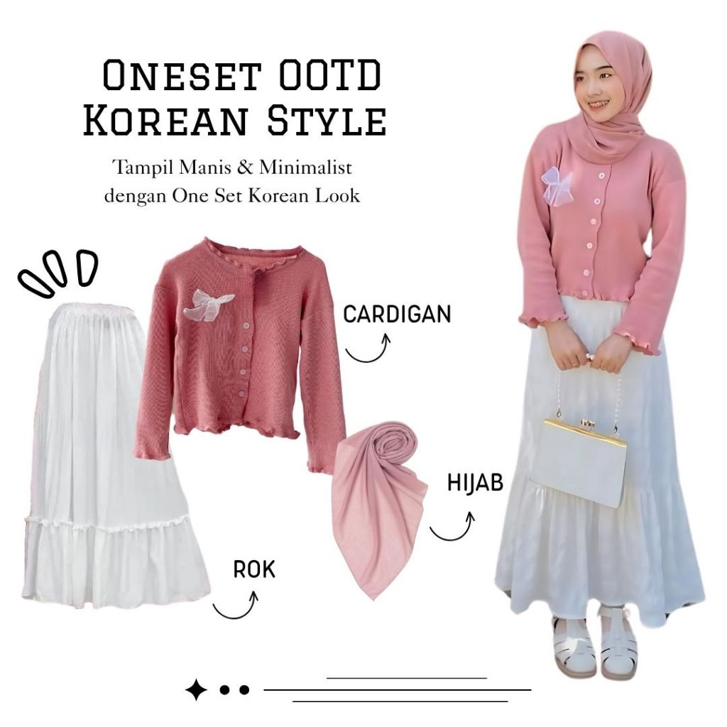 Oneset OOTD Korean Style Cardigan Pink Rok Plisket Putih Hijab Dusty Pink . KS006