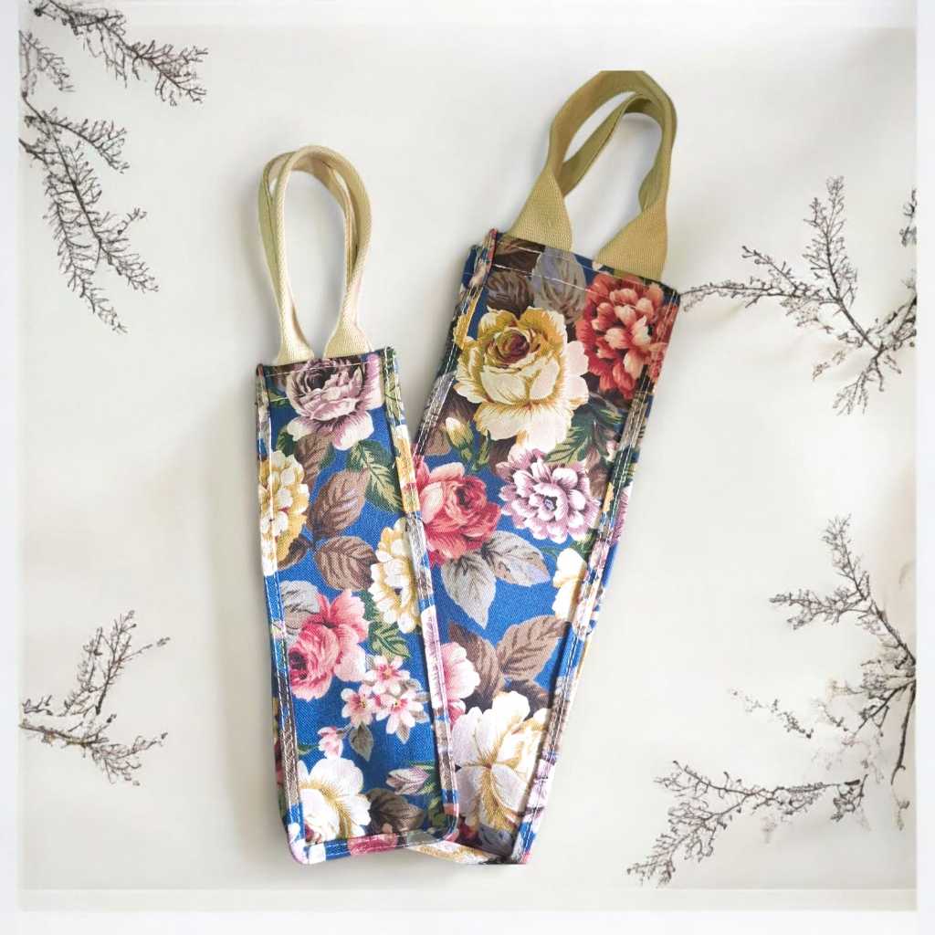 Tas Botol Tumblr 1 dan 2 Liter Kanvas Motif Bunga Tali Webbing Tebal Tas Wanita