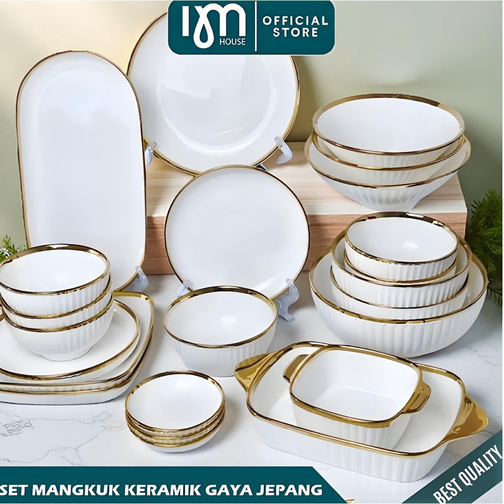 INMINDHOUSE Piring & Mangkuk Makan Keramik Putih Tebal List Gold Elegant/ Piring Mangkuk List Gold