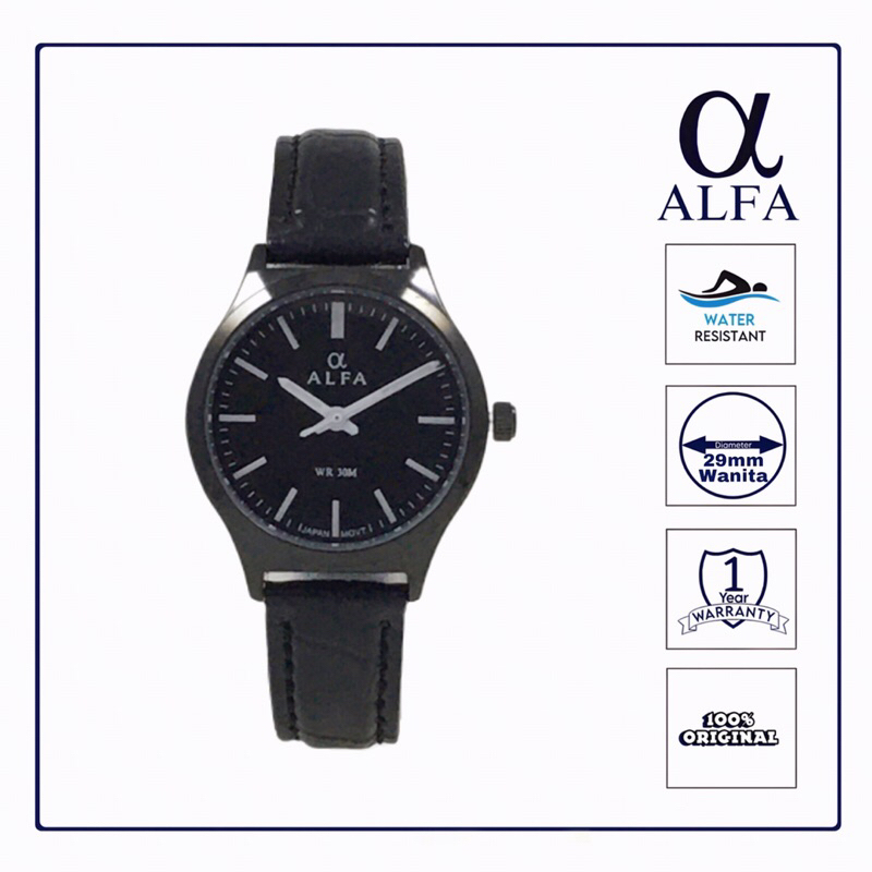 ALFA Jam Tangan Wanita Kulit Tahan Air warna Hitam K6001 Original