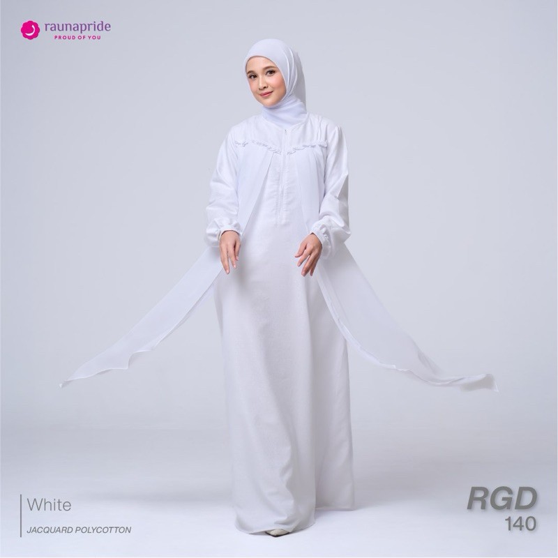 RAUNA GAMIS MUSLIM WANITA KODE RGD 140 READY WARNA PUTIH BAHAN JACQUARD POLYCOTTON