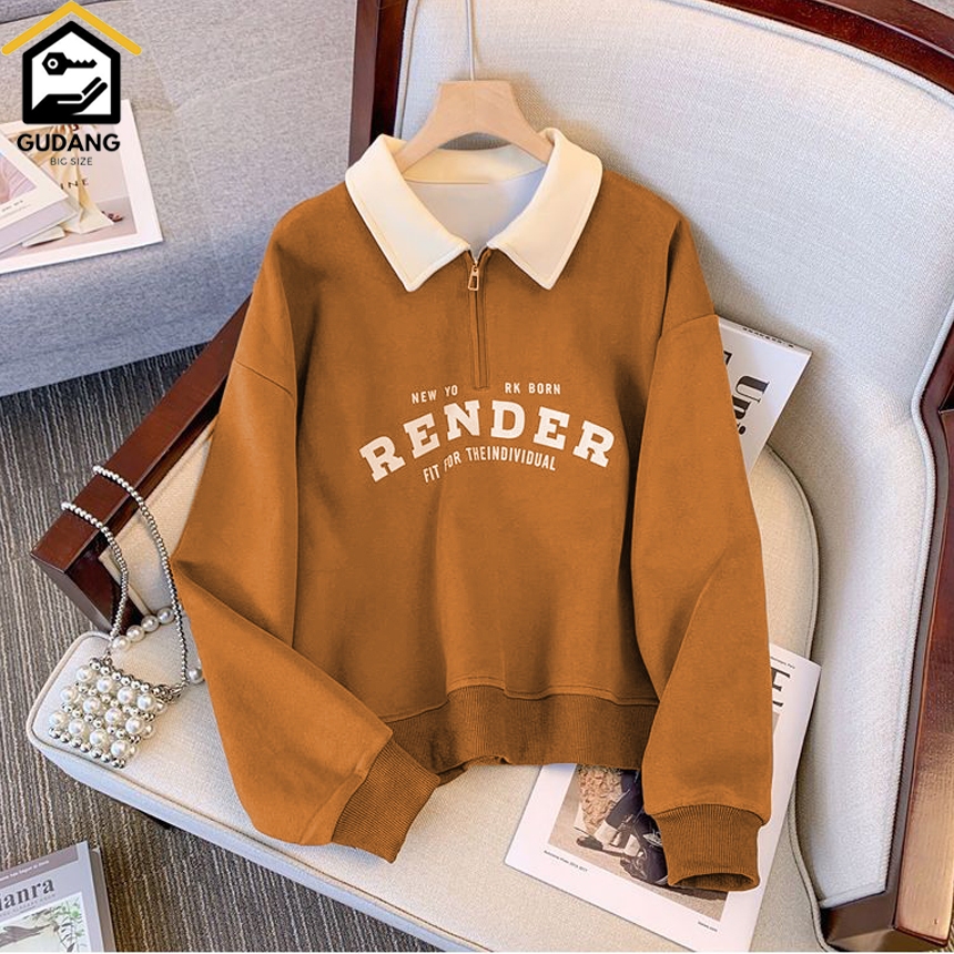 SWEATER HALF ZIP RUGBY KOMBINASI KUNYIT CREAM JAKET SWEATER KERAH OVERSIZE RENDER