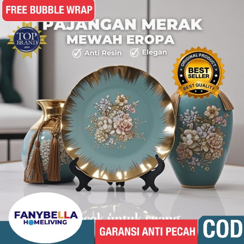 Pajangan Meja Guci Piring Keramik Piring Satu Set hijau Emas Gold Motif Bunga Porselen Dekorasi Hias