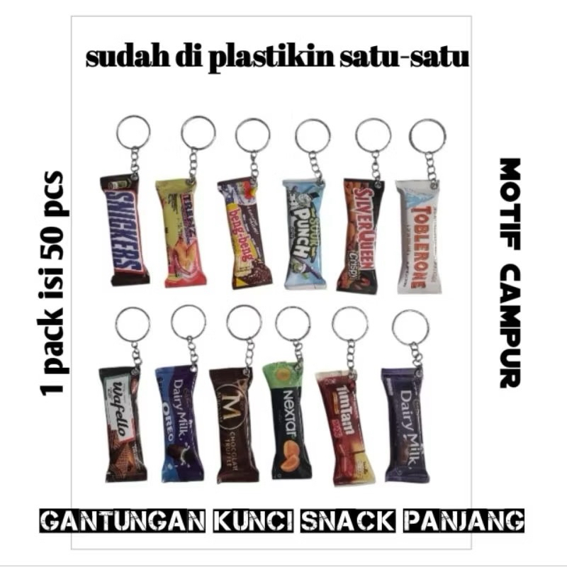 Isi 50 pcs souvenir gantungan kunci miniatur snack panjang sudah kemas plastik satu-satu