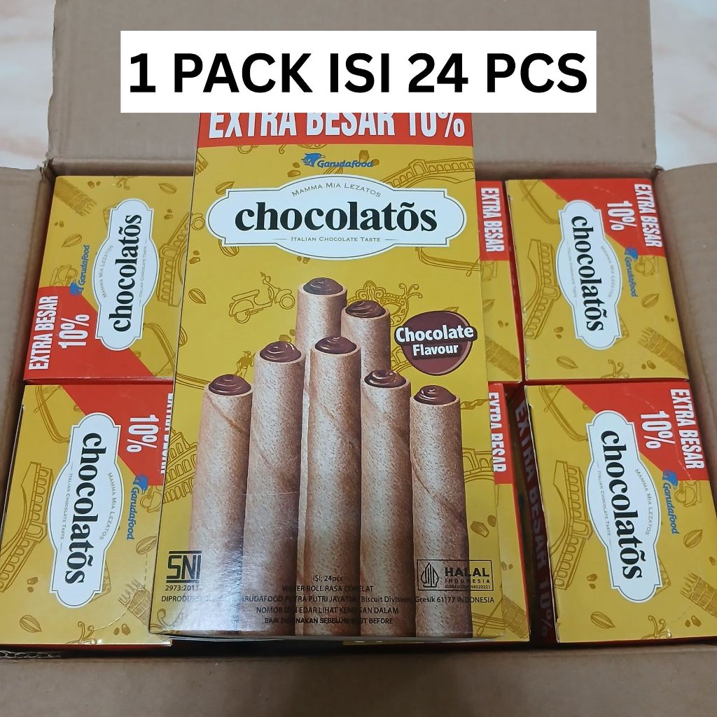 

(1 PACK ISI 24 PCS) Chocolatos 1000 1 Pack Isi 24 Pcs Wafer Stick Roll 12 Gram Varian Chocolate Flavor Chocolatos By Garuda Foods Extra Besar 10%