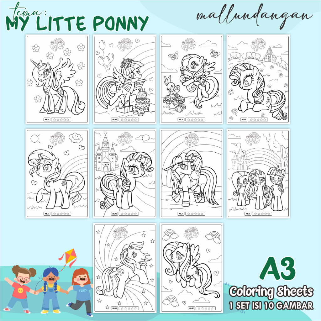 

LEMBARAN MEWARNAI ANAK A3 - TEMA MY LITTLE PONNY - PAPER COLORING SHEETS FOR KIDS