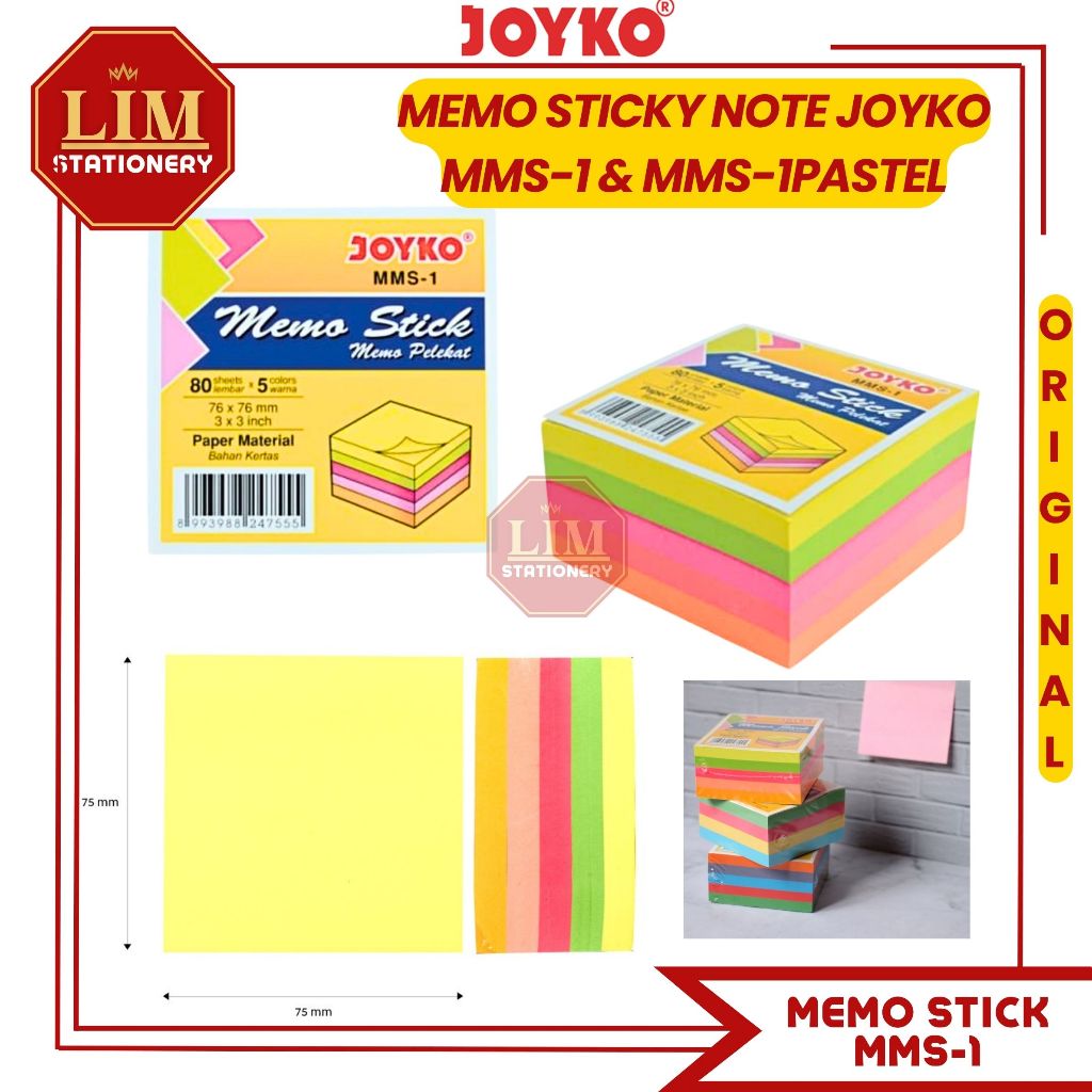 

(400Lembar) Kertas Memo Stick Tempel 5 Warna Joyko MMS-1 Mix Color Sticky Note (7.6 X 7.6cm)
