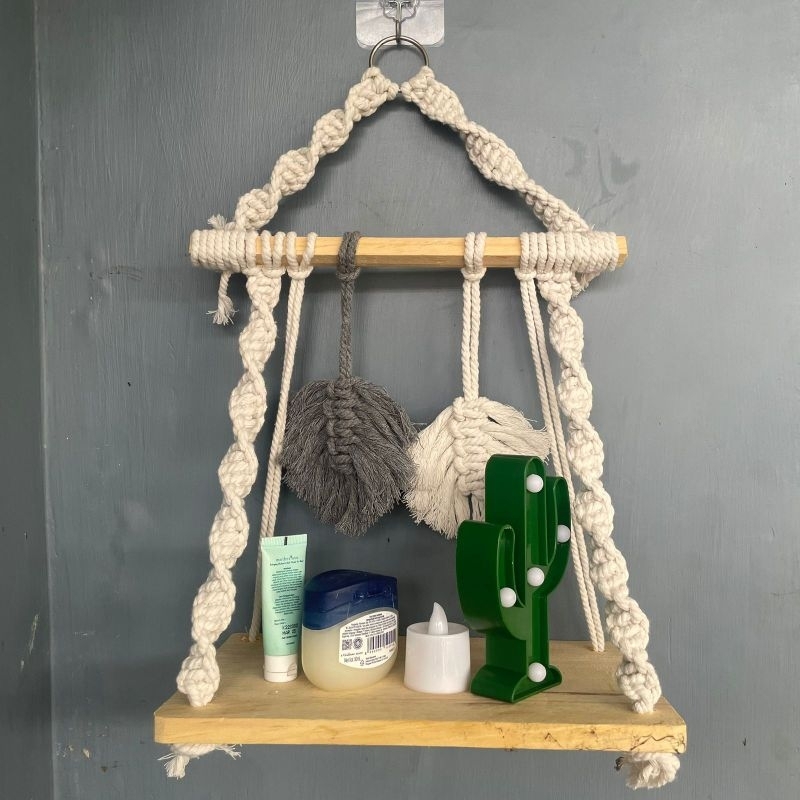 Macrame Ambalan Kayu , Macrame Ambalan Rak kayu Gantung Daun Lucu