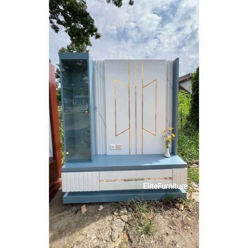 Partisi TV Backdrop Minimalis dan Mewah / Backdrop Jessly List Gold ABU