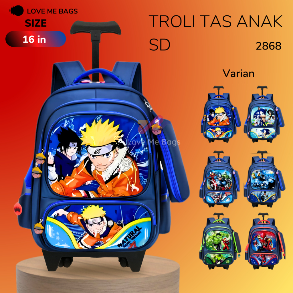 LMB Tas Troli Anak Sekolah SD Laki Laki Import Karakter Naruto Hulk Sonic Spider Kaptan Batman Bahan