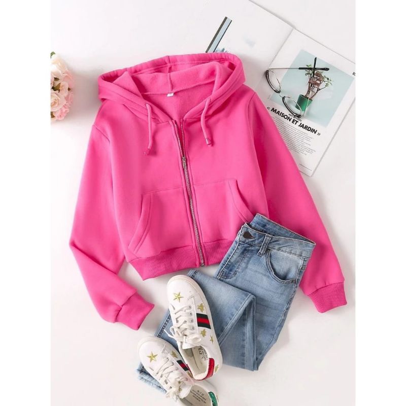 HOODIE ZIPPER BASIC CROP POLOS PREMIUM //JAKET CROP WANITA//HOODIE CROP