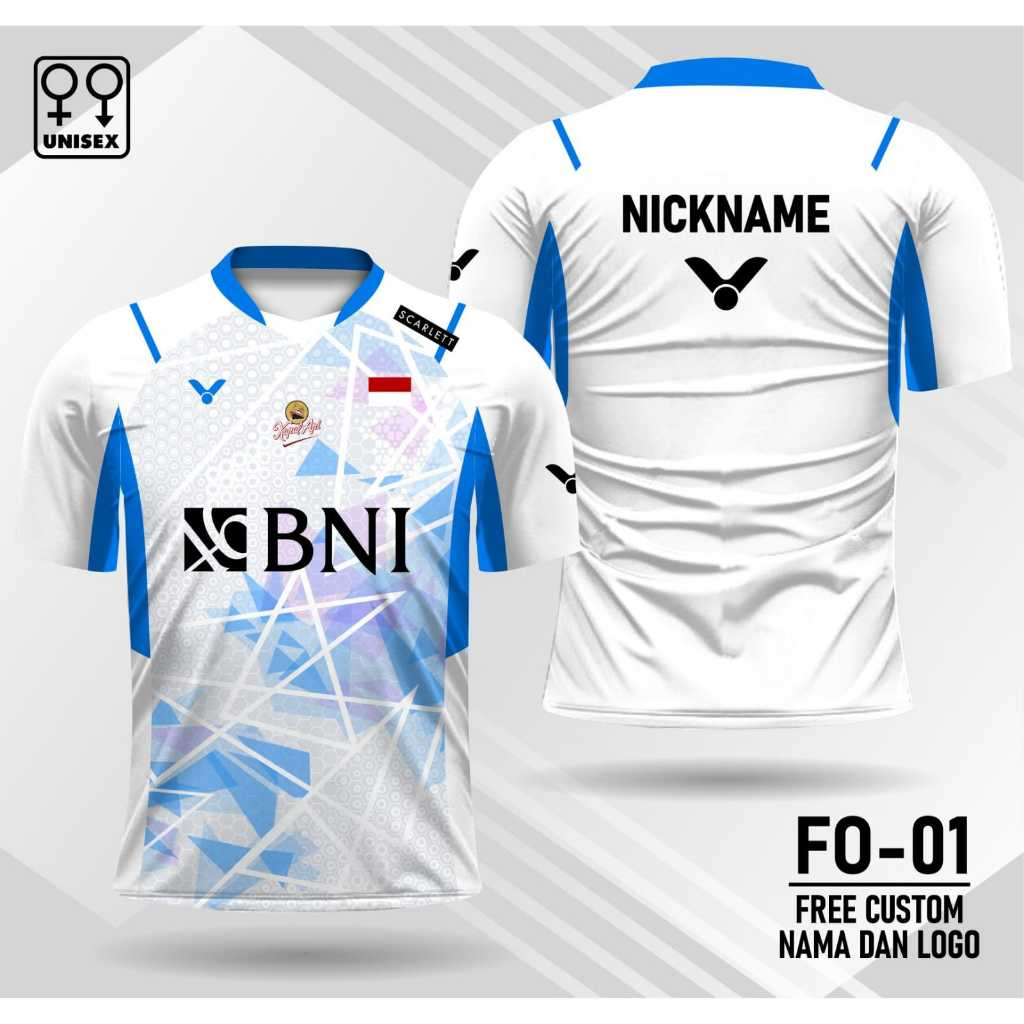 Tshirt Jersey Badminton/Kaos Jersey Bulutangkis FO-01 Full Printing Free Custom Nama Logo