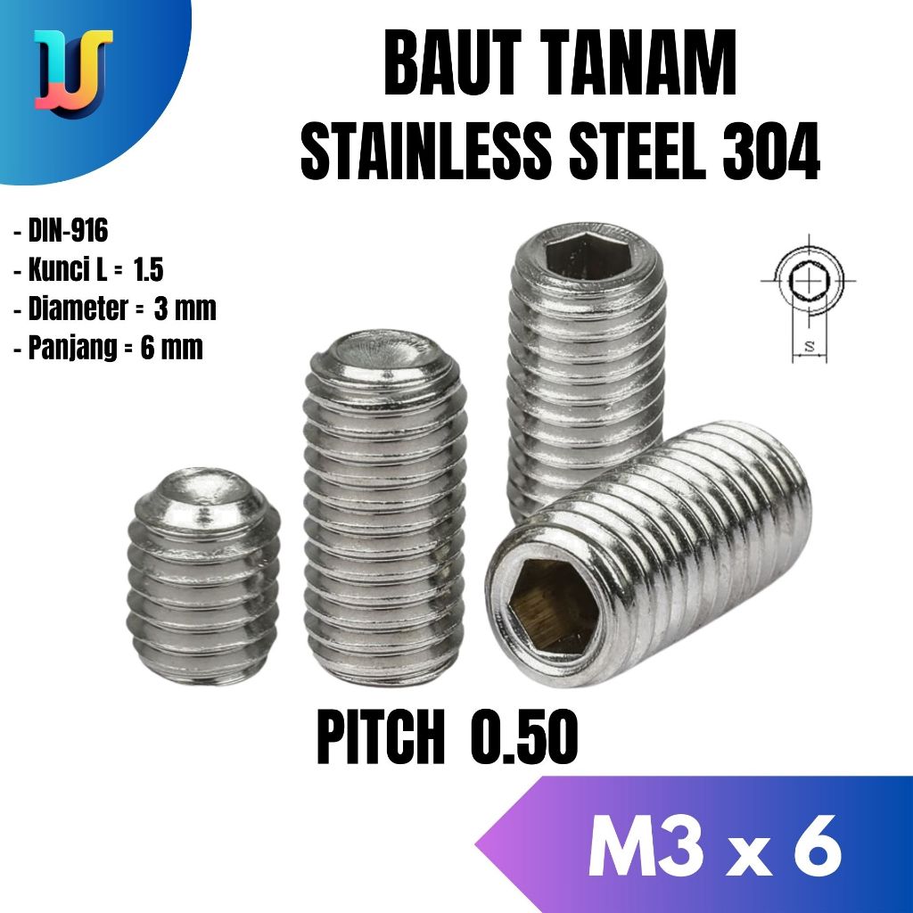 Baut Tanam L M3x6 Stainless / Baut Tanam L M3 x 6 SS304 / Hex Socket Set Screw M3x6 Allen Stainlees 