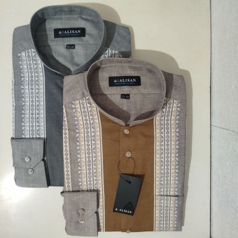 Alisan Koko Fashion Motif Belahketupat Coklat/Abu Lengan Panjang Reguler