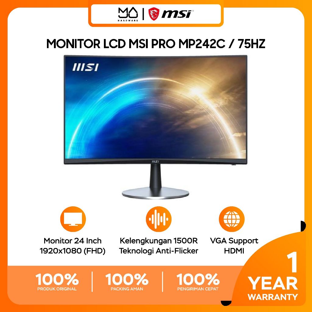 Monitor MSI PRO MP242C Monitor Gaming Curved 24"/23.6 FHD VA 75Hz - Garansi Resmi