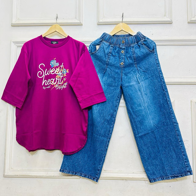 Setelan Kulot Jeans Wanita Dewasa, Atasan Cotton Combed 20s, Celana Jeans Kulot Kancin KK, Setelan W