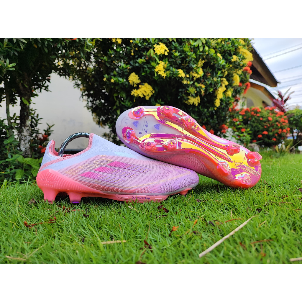 [Best Seller] Sepatu Bola F50+ Laceless Tanpa Tali Lamine Yamal FG - Clear Pink Purple Glow Light Pi