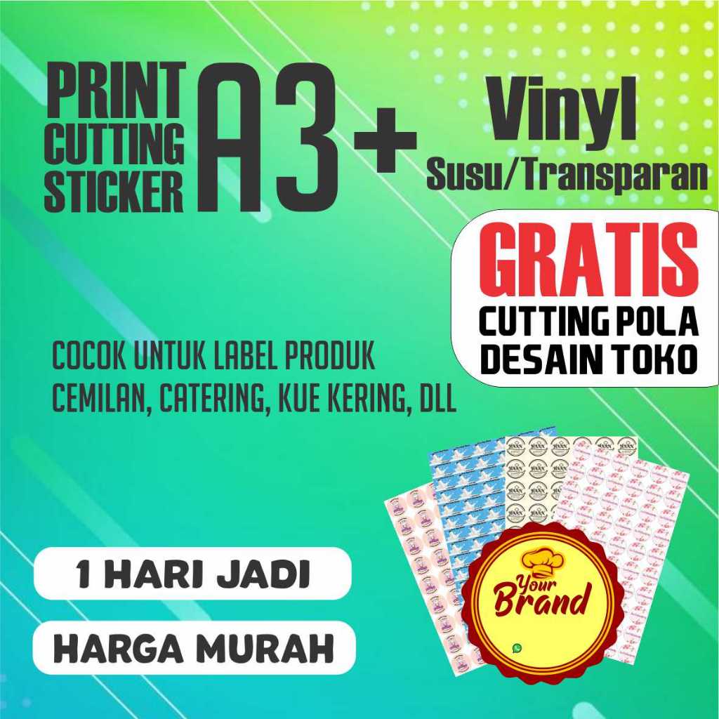 

CETAK STIKER A3+ VINYL SUSU / TRANSPARAN + CUTTING UNTUK USAHA UMKM