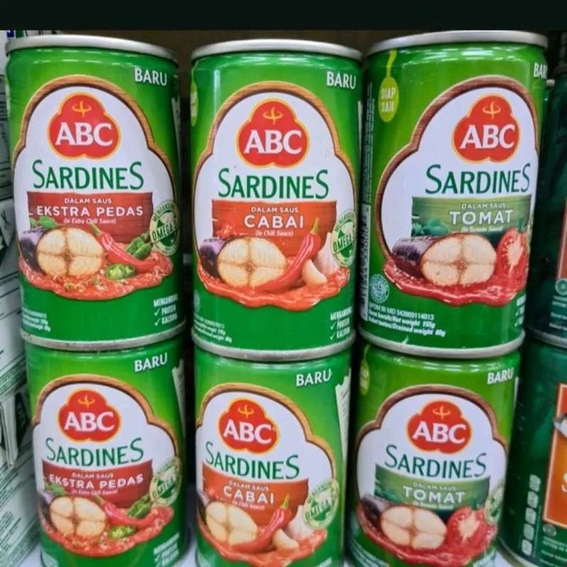 

Makanan Kaleng Ikan Sarden ABC 155 Gr Varian Saus Cabai, Saus Tomat, Ekstra Pedas, Bumbu Serundeng, Fiesta Saus Cabai, Ajib Sarden Saus Tomat, Bandeng Sambal Balado