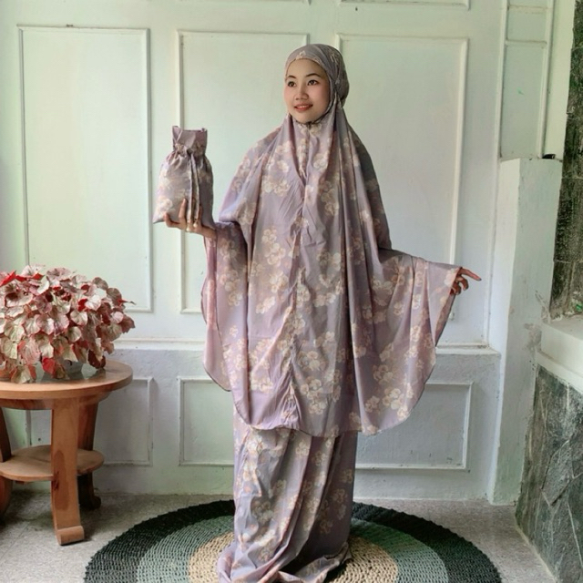 MUKENA MOTIF TAS KERUT Kain Parasut Korea Motif Bunga Dewasa