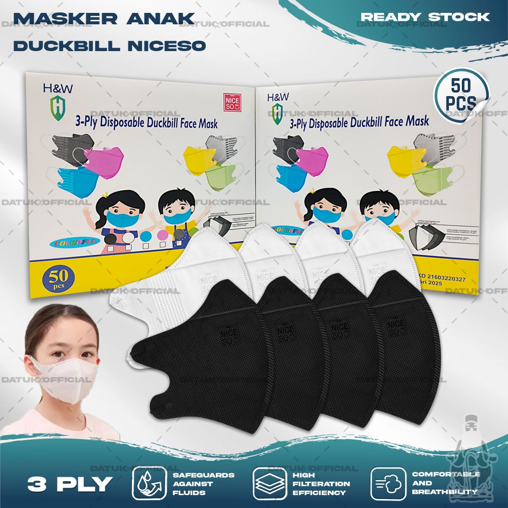 Masker Anak Duckbil NICESO 3Ply isi 50Pcs Putih Hitam Abu Warna Duckbill 3 Ply Earloop Surgical Mask