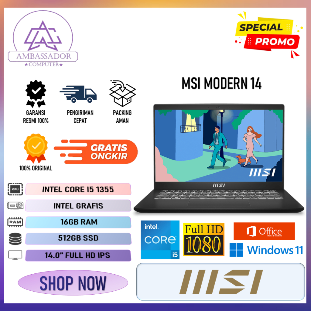 Laptop msi modern 14 intel core I5 ram 8/16gb ssd 512gb layar 14.0" full hd ips