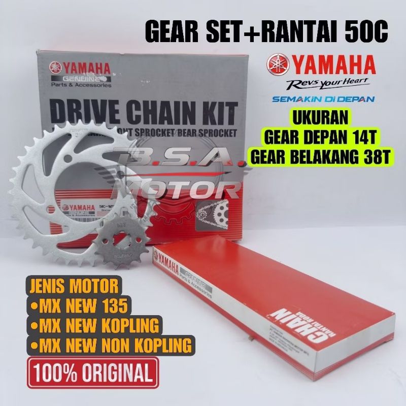 GEAR SET PLUS RANTAI 5OC YAMAHA JUPITER MX NEW 135, MX KOPLING/ NON KOPLING, GIR SET 50C ORIGINAL