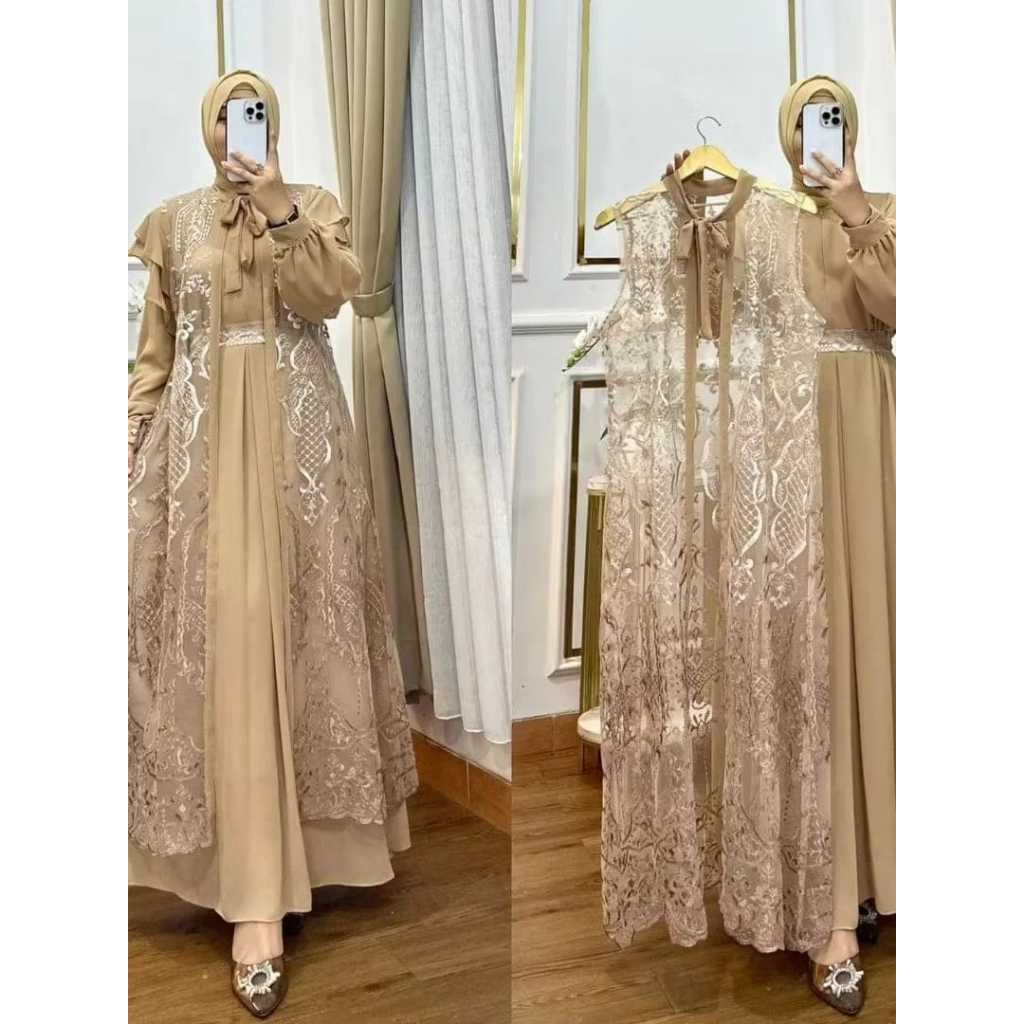 Gamis Brokat Tile Mewah Nagita Set Outer Brokat Gamis Mewah Elegan Terbaru 2025 Gamis Shanghai Gamis