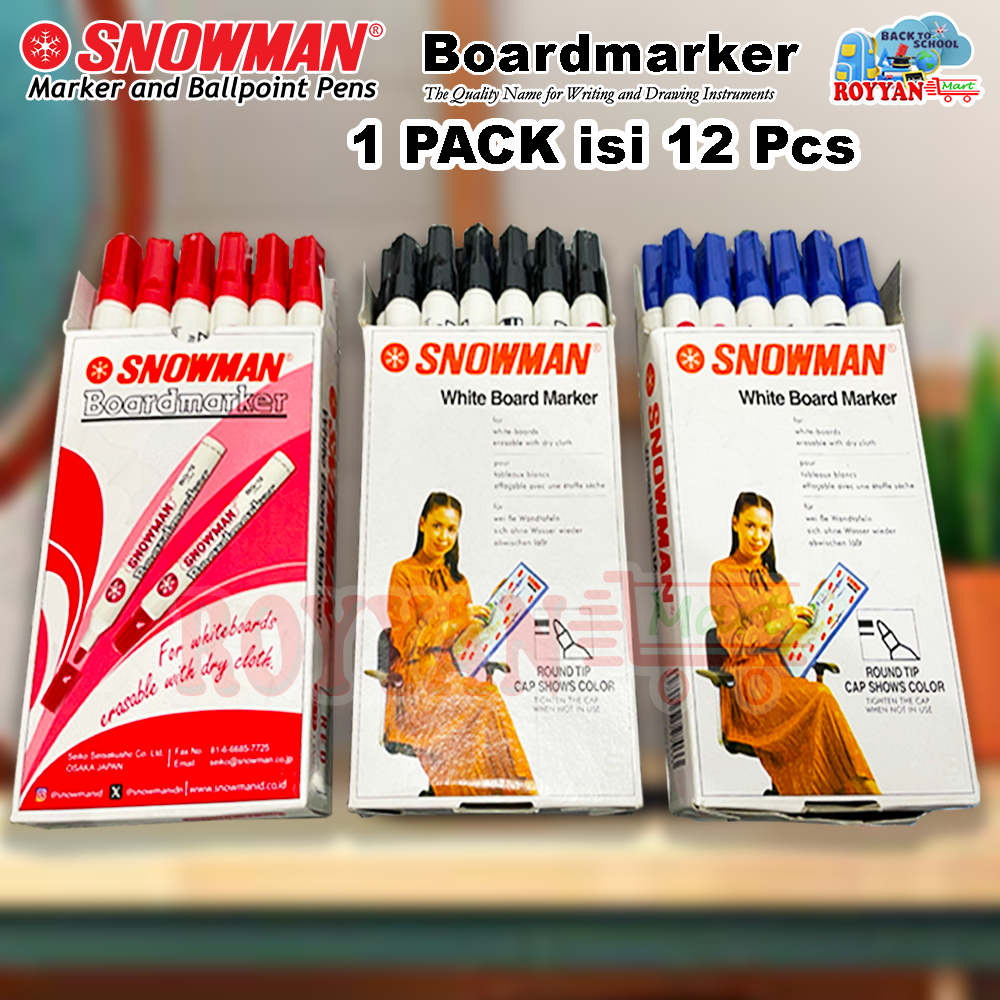 

12 Pcs Spidol Whiteboard Snowman BoardMarker Murah BG-12 (BISA DIHAPUS) Hitam Merah Biru