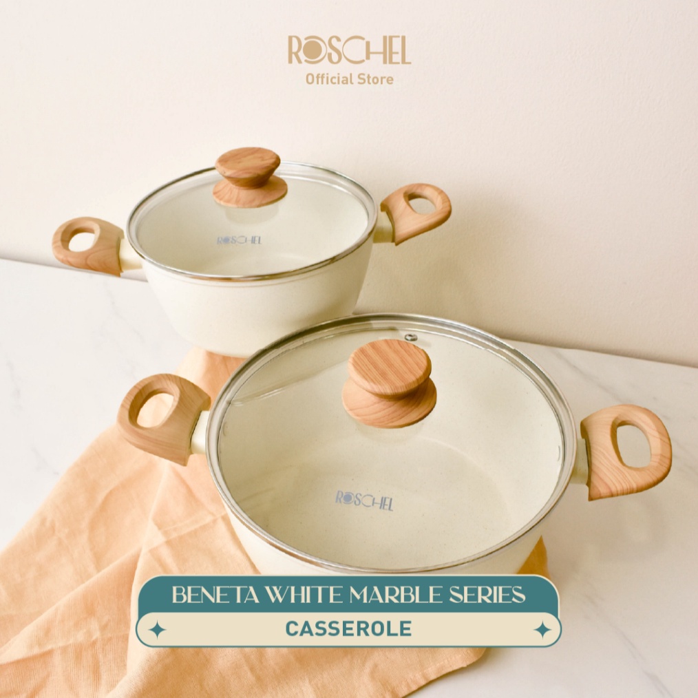 KODE U36X Roschel Beneta White Marble Coating NonStick Casserole 2  24 28 cm  Tutup Kaca Panci Wajan