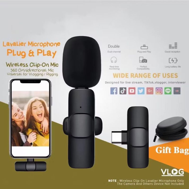 Mic K8 Clip ON Wireless  Microphone Mic Clip On Youtuber Wireless USB/Mic android Bluetooth