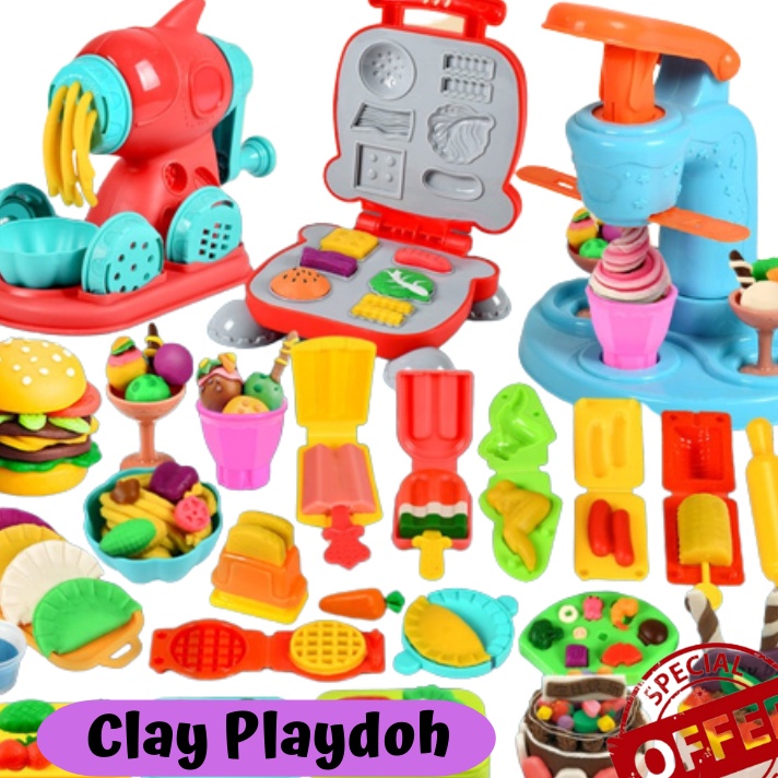 Miliki FULLSET Clay Play Dough Doh Pretend Play Mainan Lilin Anak Burger Pizza Dentist Noodle Ice Cr