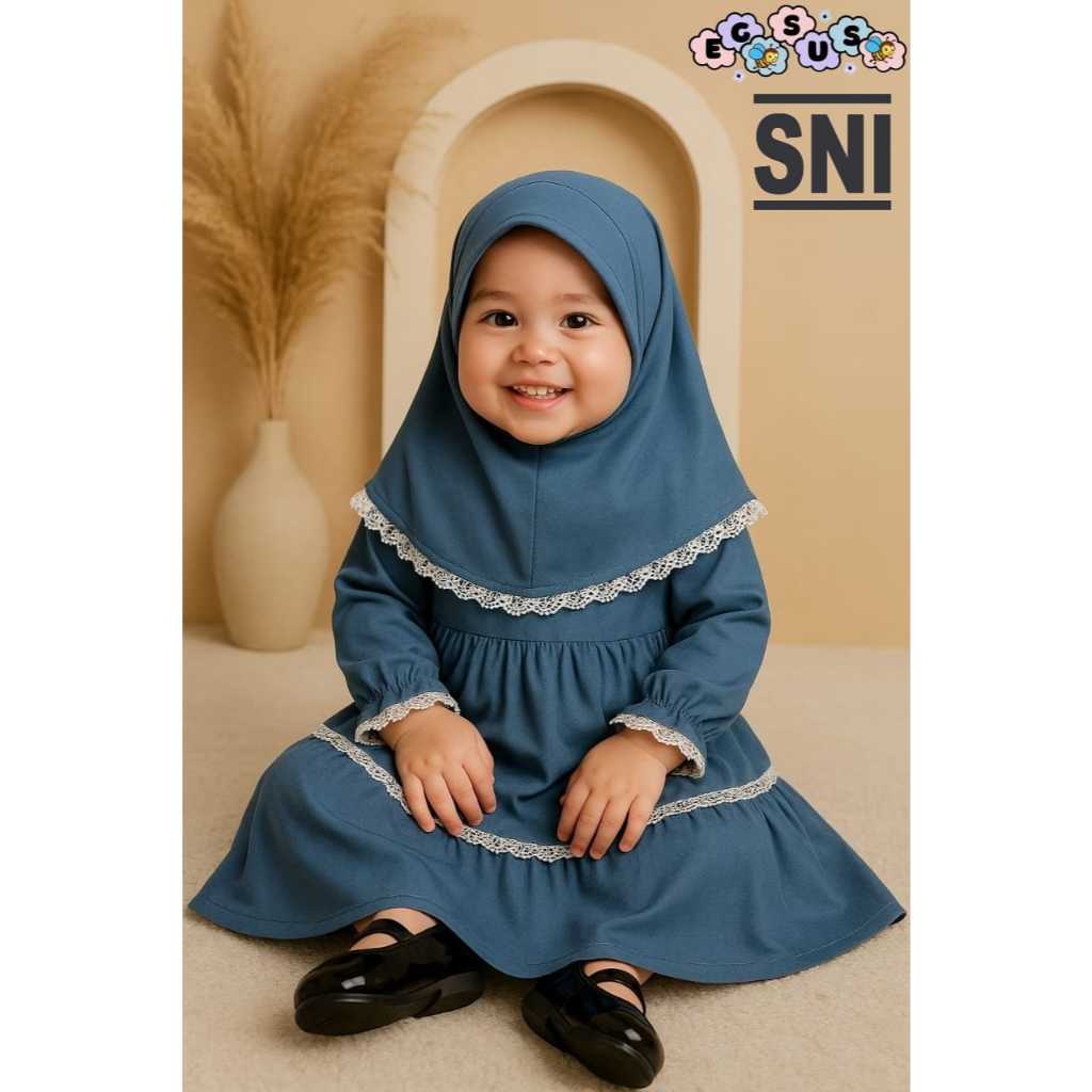 (EGSUS) Gamis Bayi Anak Perempuan Free Jilbab Murah Aurora New Born 0 - 3 Tahun Denim