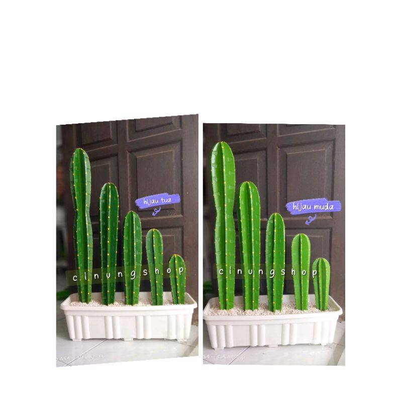 kaktus artificial Hijau Tua lengkap pot batu dan busa dekor tanaman palsu imitasi