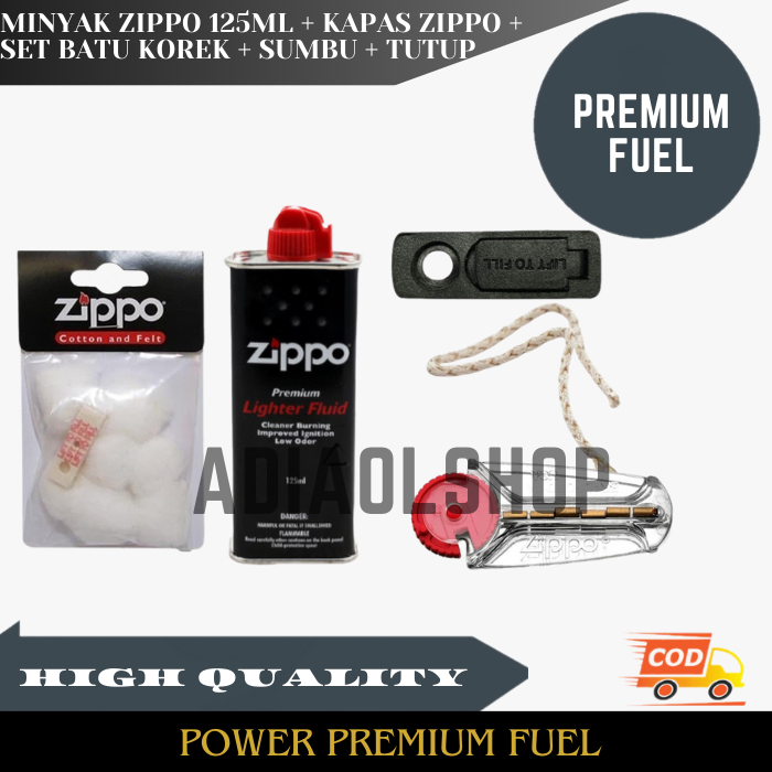 PAKET KOMPLIT - MINYAK ZIPPO + BATU ZIPPO + SUMBU ZIPPO +KAPAS ZIPPO MINYAK ZIPPO ISI ULANG KOREK