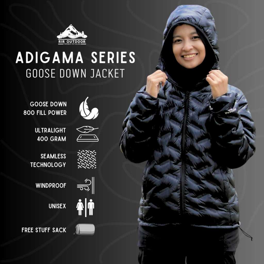 JAKET BULU ANGSA RIR OUTDOOR ADIGAMA SERIES SEAMLESS ERGONOMIC JAKET BULANG FP 800 FULL GOOSE DOWN