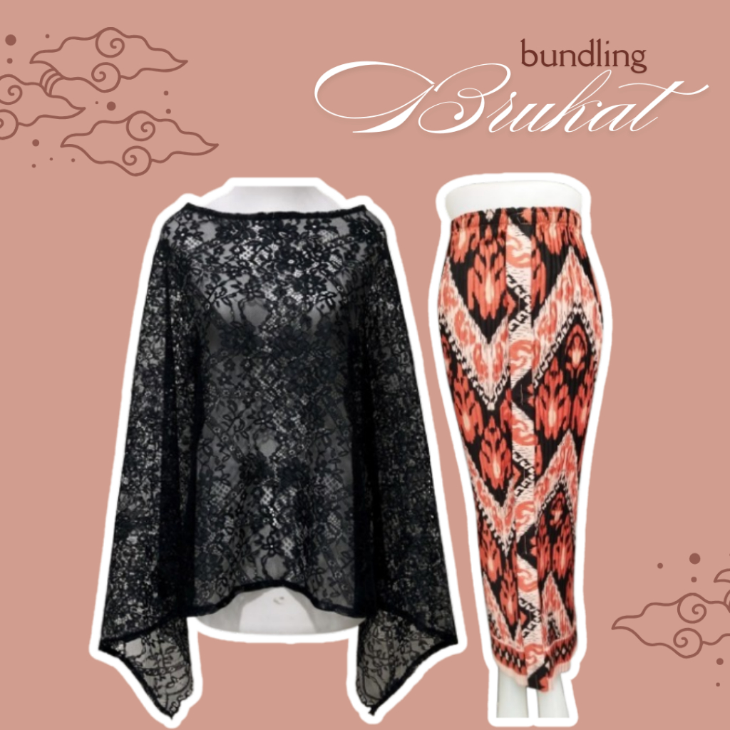 Setelan Kebaya Standar Brukat Mix Rok Plisket Batik Outfit Atasan Fashion Satu Set Outer brokat cape